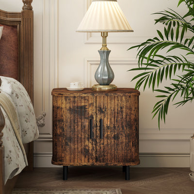 HOMCOM Bedside Table, Nordic Side Table with Roller Shutter Style Sliding Doors and Metal Legs for Bedroom, Living Room, Rustic Brown 
