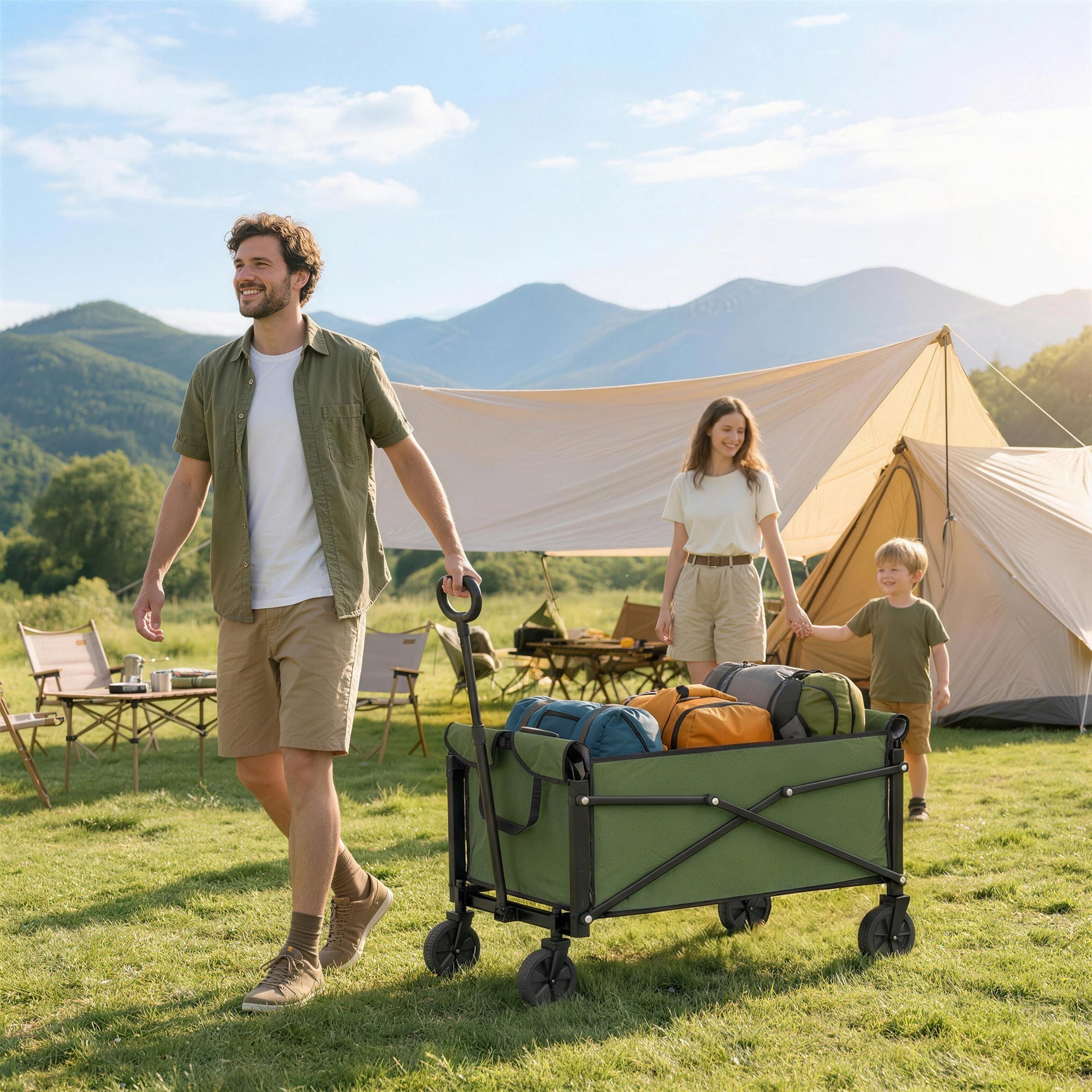 Outsunny 81L Festival Trolley on Wheels, Compact Garden Folding Trolley Cart with Adjustable Handle 80L Green 