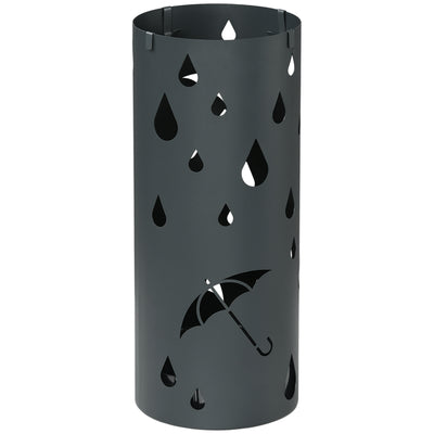 HOMCOM Freestanding Umbrella Stand for Hallway, Round Umbrella Basket with 4 Hooks and Drip Tray for Entryway, Dark Grey 