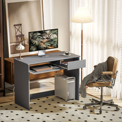 HOMCOM Compact Computer Desk with Keyboard Tray, Home Office Desk with Drawer for Bedroom Study, Grey 