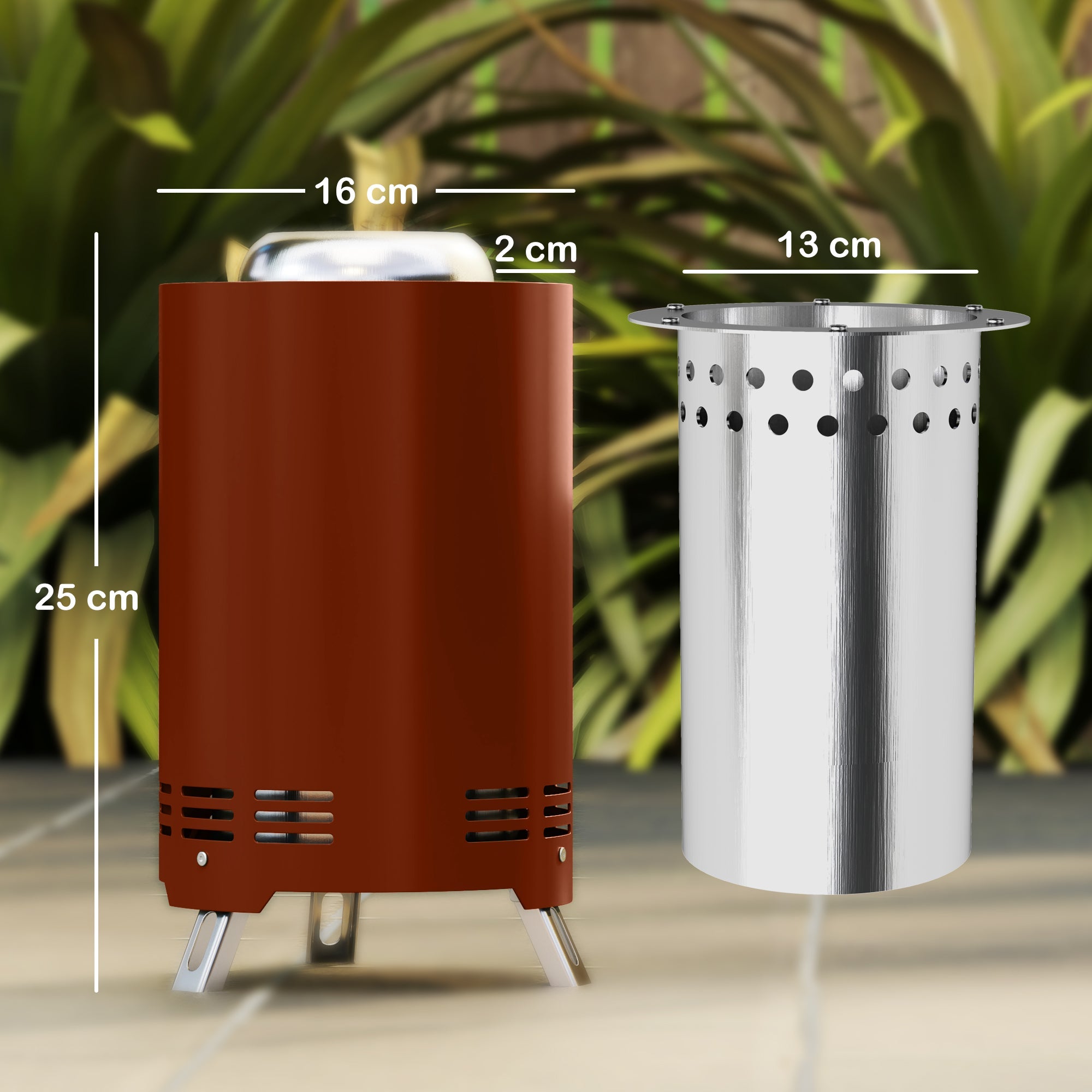 Outsunny Smokeless Fire Pit, 16 x 16 cm Stainless Steel Portable Wood Burning Firepit with Poker, Wood or Pellet Fuelled Tabletop Fire Pit for Garden Camping Bonfire Party, Red 