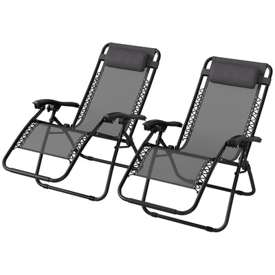 Outsunny Zero Gravity Chair Set of 2, Metal Frame Texteline Armchair Outdoor Folding and Reclining Sun Lounger with Head Pillow for Patio Decking Gardens Camping, Grey 