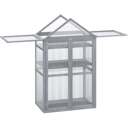 Outsunny Garden Cold Frame Polycarbonate Greenhouse with Adjustable Shelves, Double Doors, Openable Top Covers, Grow House for Flower Vegetable Plants, 80 x 47 x 138cm, Grey 