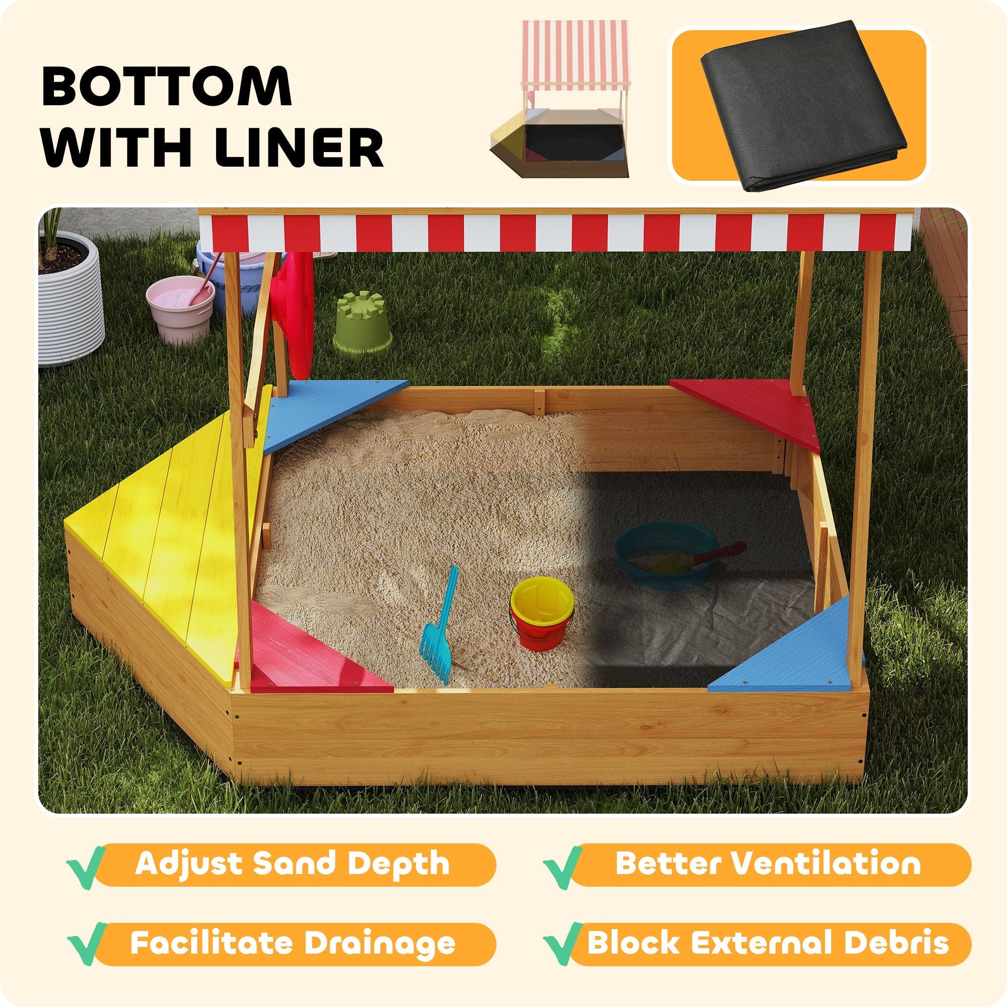 AIYAPLAY Wooden Kids Sandpit Boat Style with Canopy, 4 Seats, Rudder, Bottom Liner, for Children 3-8 Years, Yellow 