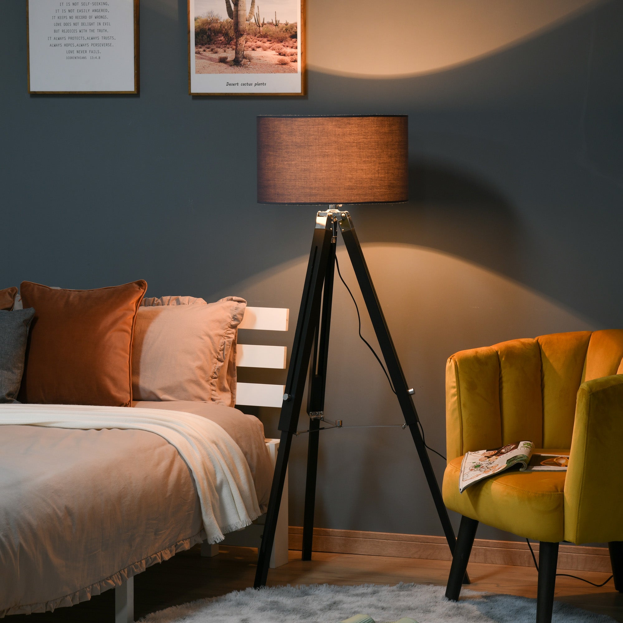 HOMCOM Modern Tripod Floor Lamps for Living Room with Fabric Lampshade, Standing Lamp for Bedroom Bulb not Included, Grey and Black 