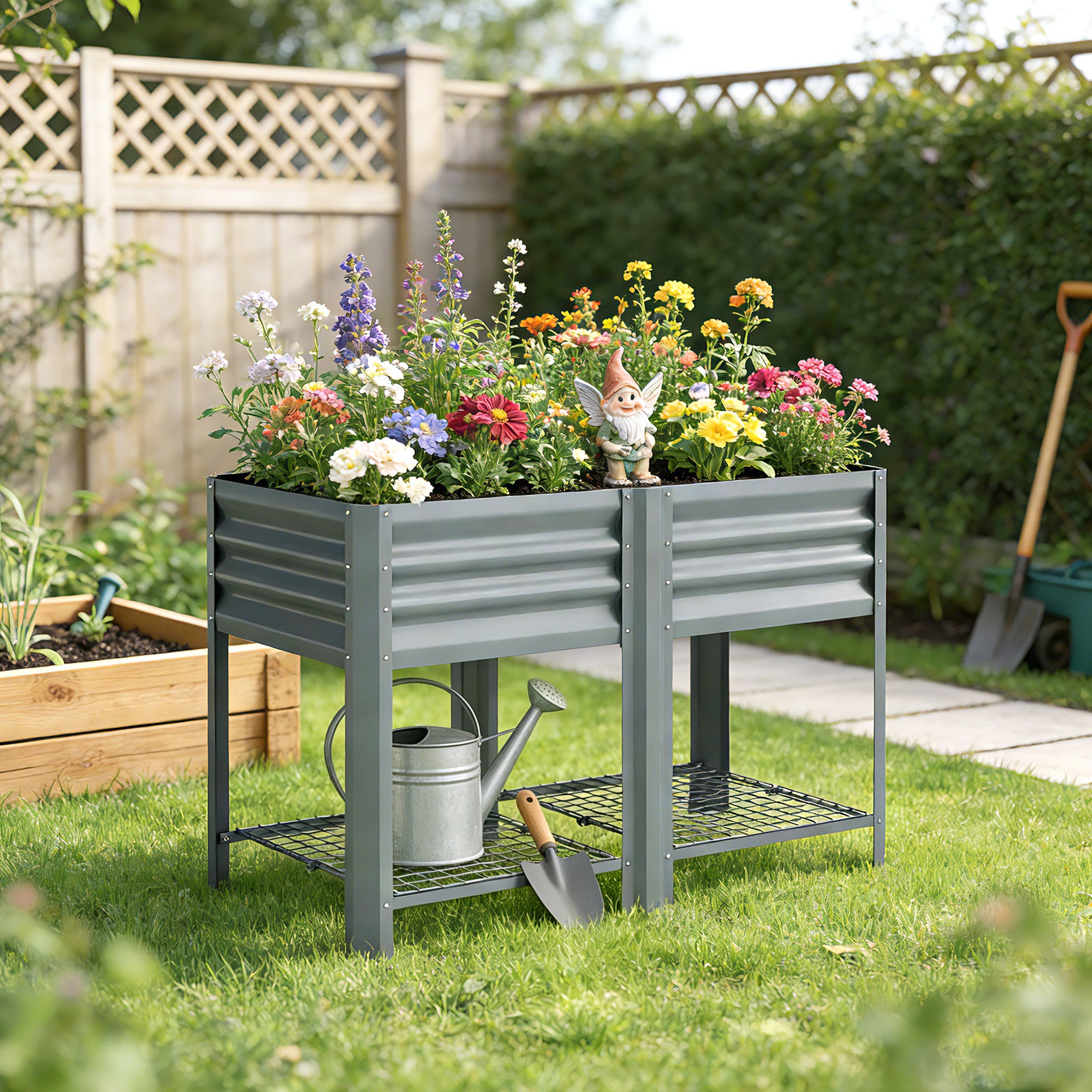 Outsunny Raised Garden Bed with Storage Shelf Steel Elevated Planter Box with Legs for Outdoor Vegetables Flowers 