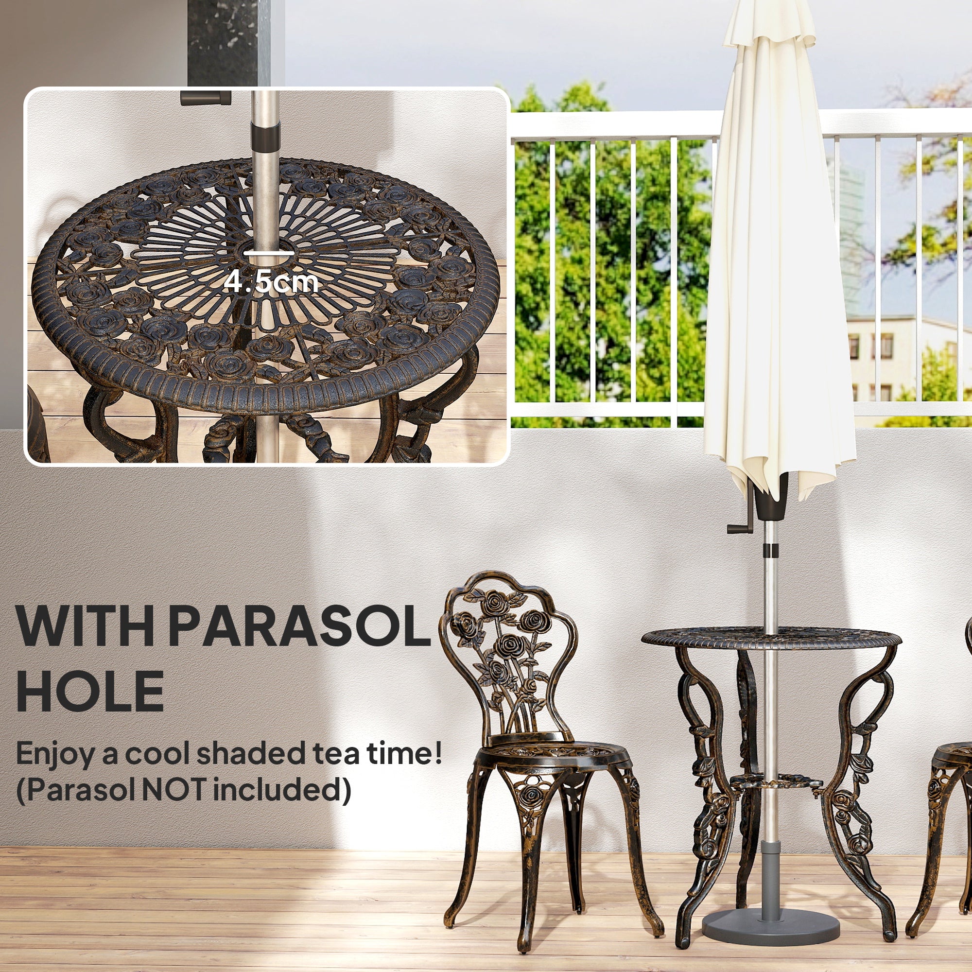 Outsunny Outdoor Bistro Set Vintage Rose Design Patio Furniture Set with Round Table and 2 Chairs Metallic Finish 