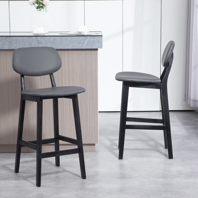HOMCOM Bar Stools Set of 2, Contemporary Breakfast Bar Chairs, Faux Leather Upholstered Kitchen Stools with Backs and  Solid Wood Legs, Dark Grey 