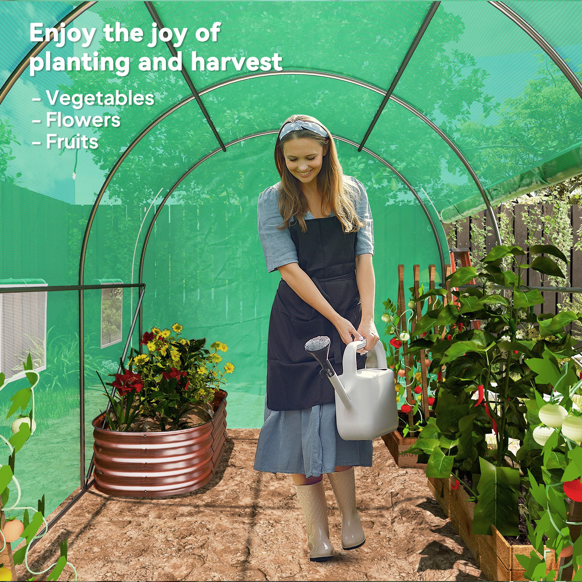Outsunny 296 x 196cm Steel Frame Polytunnel Greenhouse - Green 