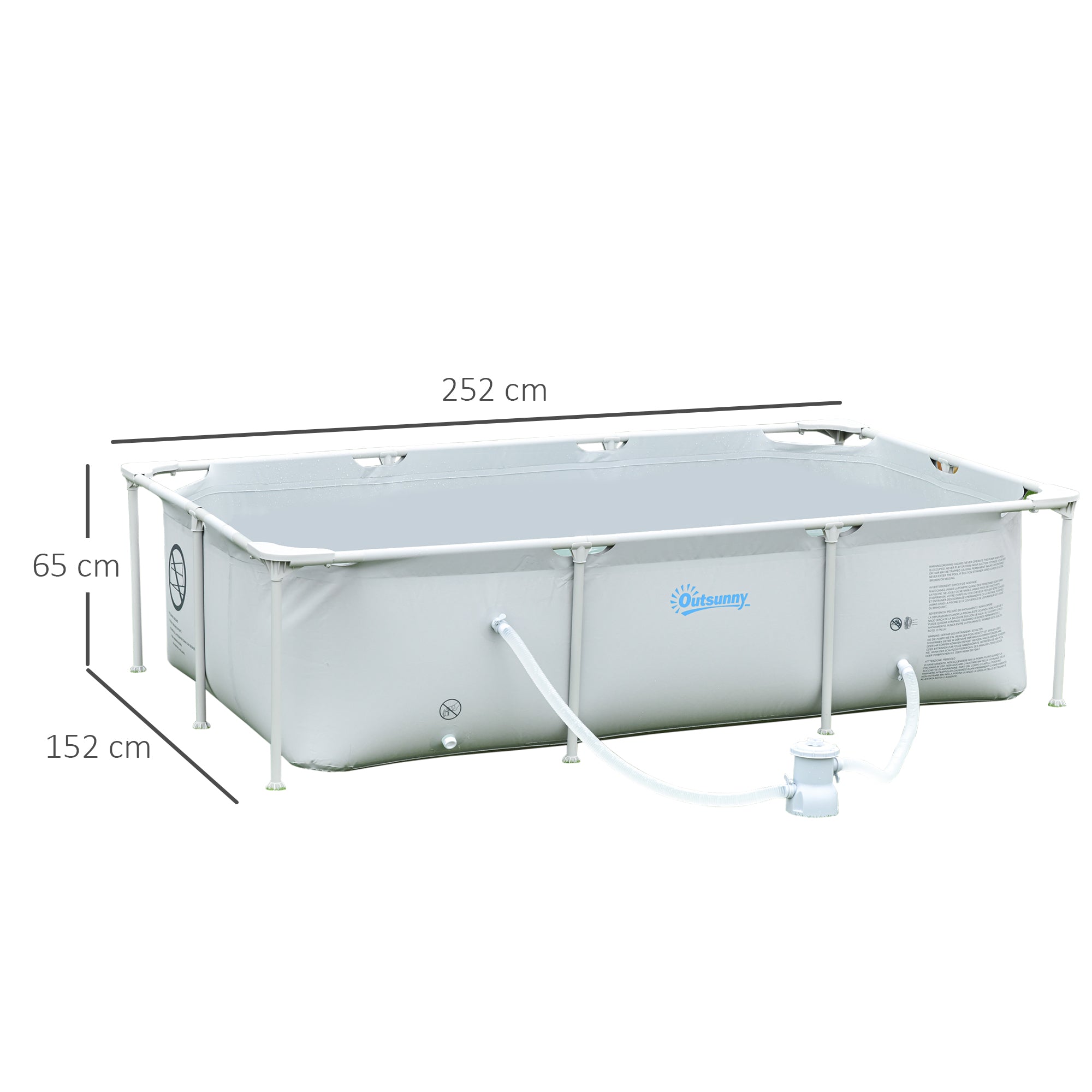 Outsunny Steel Frame Pool with Filter Pump, Filter Cartridge, Reinforced Sidewalls Rust Resistant Above Ground Swimming Pool 252 x 152 x 65cm, Grey 
