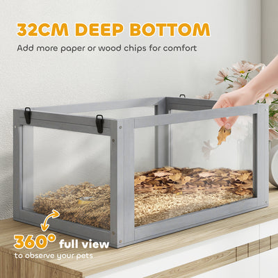PawHut Wooden Hamster Cage with Detachable 32cm Deep Bottom, Hut, Seesaw, Exercise Wheel, Ramp, 60 x 40 x 75cm, Light Grey 
