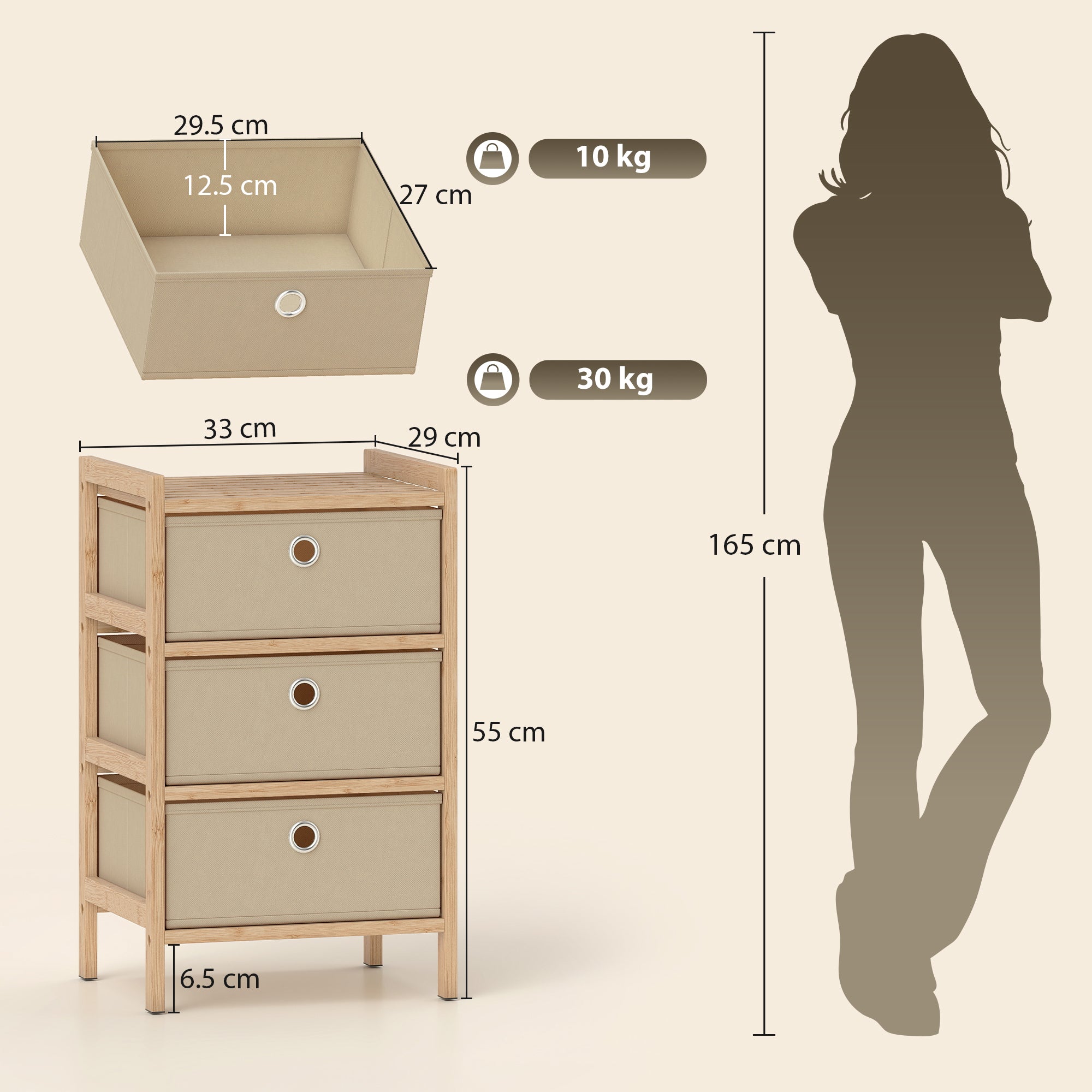 HOMCOM Chest of Drawers, 3 Fabric Drawers Narrow Dresser with Bamboo Frame, Cream White 