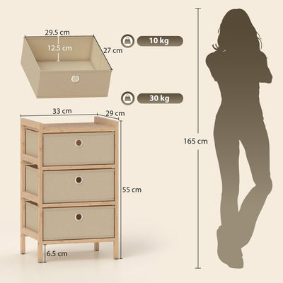 HOMCOM Chest of Drawers, 3 Fabric Drawers Narrow Dresser with Bamboo Frame, Cream White 