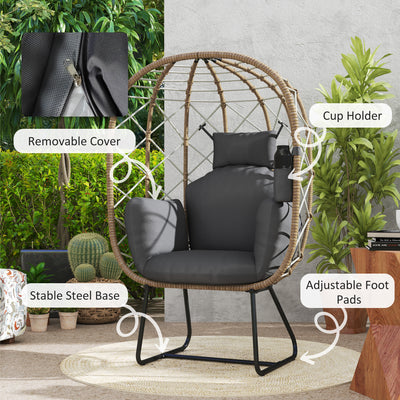 Outsunny Rattan Egg Chair Outdoor Indoor Wicker Chair with Thickened Cushion and Headrest, Standing Garden Egg Chair with Cup Holder, Metal Frame for Patio, Balcony, Brown 