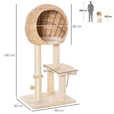 PawHut Cat Tree for Indoor Cats 100cm Kitten Climbing Tower Activity Center with Sisal Scratching Post Condo Perch Hanging Balls Teasing Rope Toy Cushion 