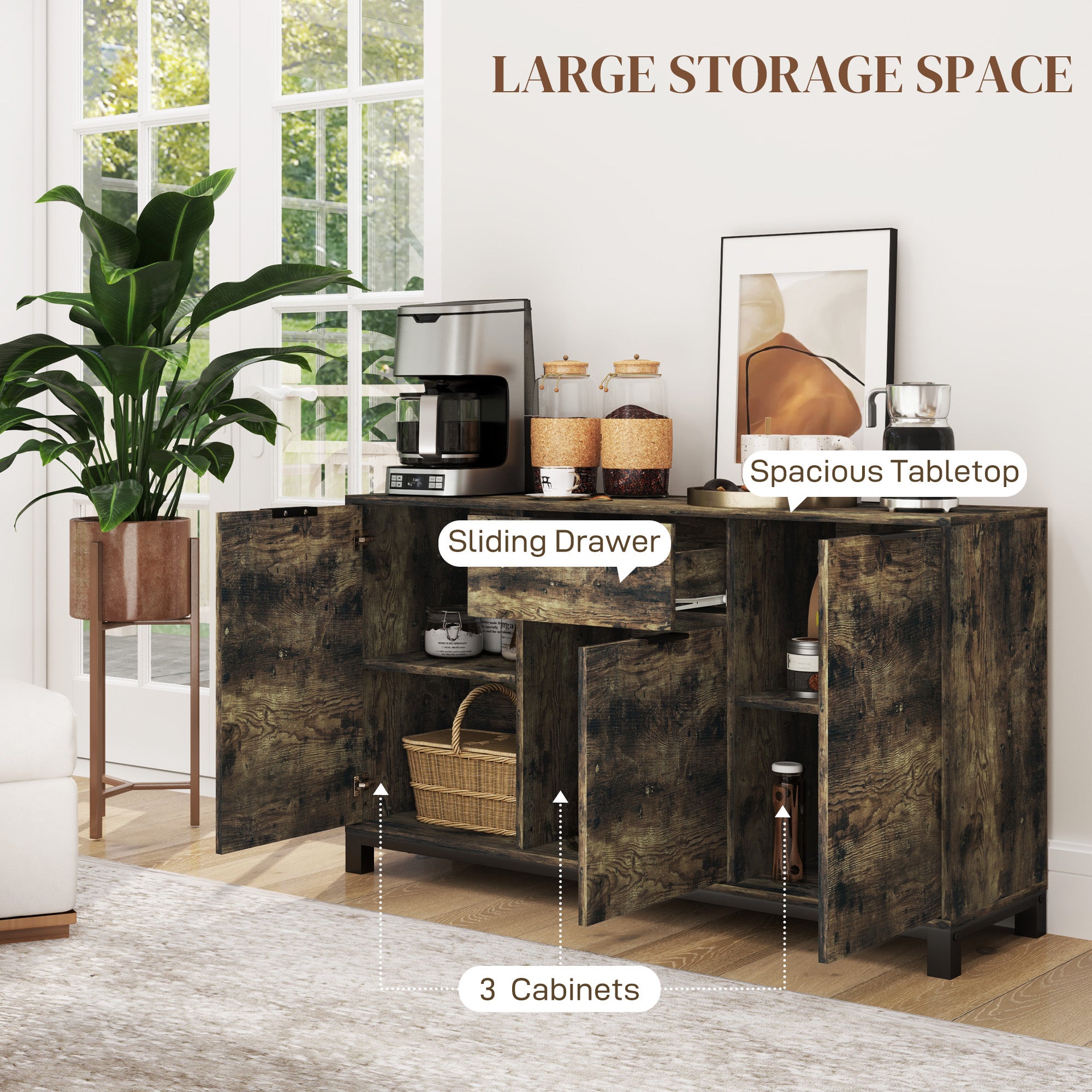 HOMCOM Sideboard, Industrial Storage Cabinet with Doors, Drawer, Cupboard and Adjustable Shelves for Living Room, Dining Room, Hallway, Rustic Brown 