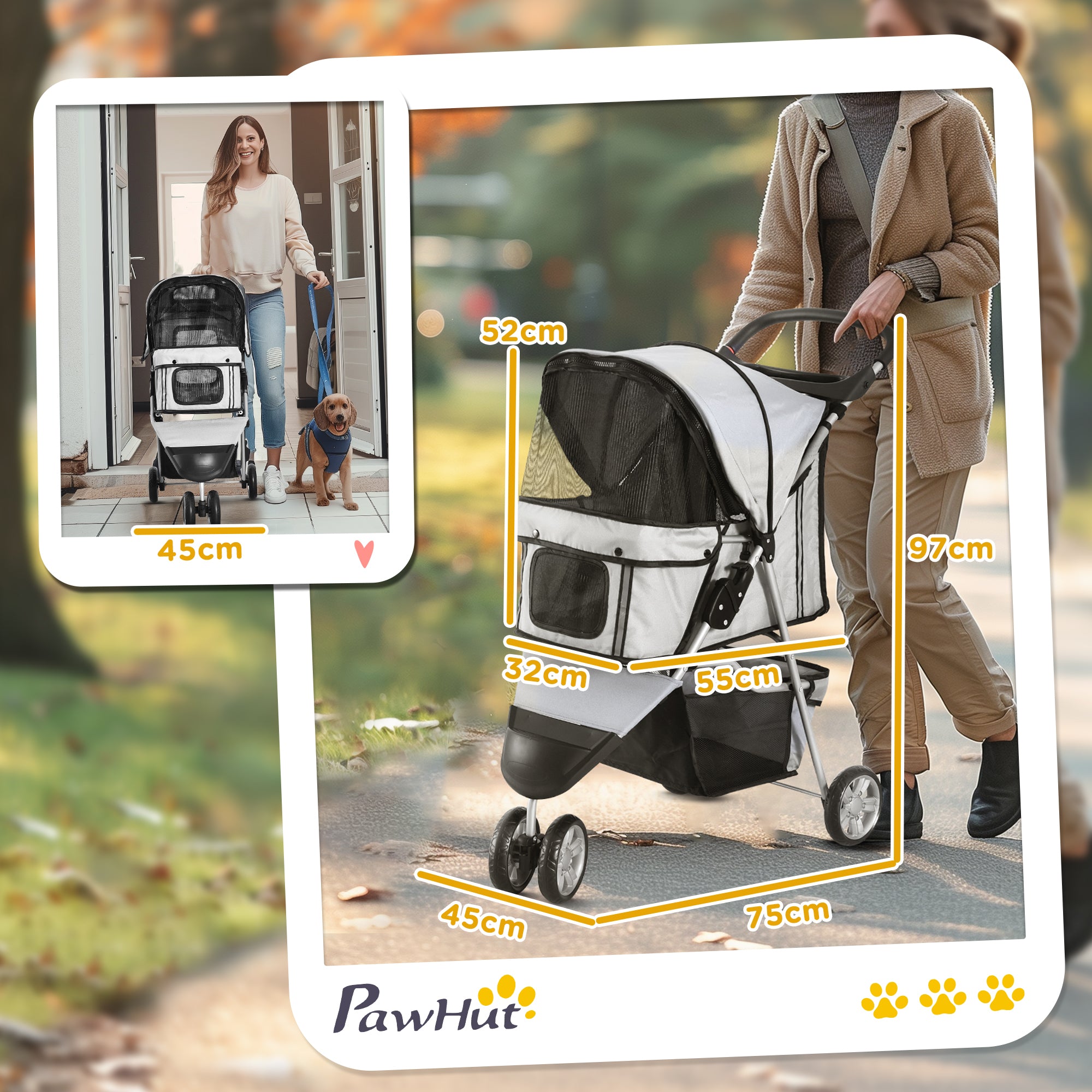 PawHut Dog Stroller, 3 Wheels Foldable Cat Dog Pram with Cup Holder, Storage Basket, Pet Stroller for Small Miniature Dogs, Grey 