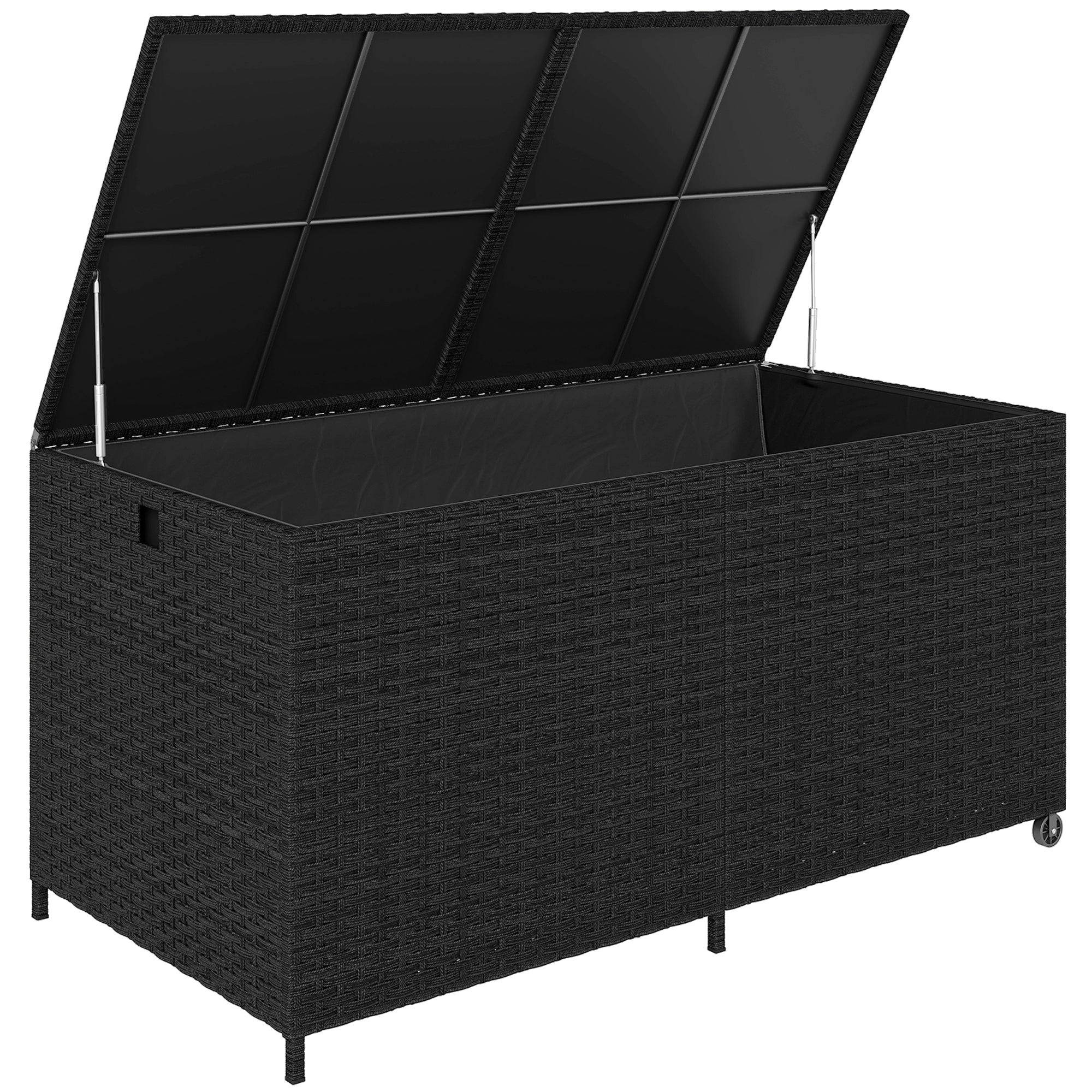 Outsunny 650L Garden Storage Box with 2 Wheels, Rattan Deck Box with Waterproof Zipped Liner, Safe Pneumatic Rods, Black 