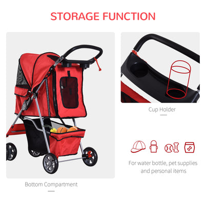 PawHut Dog Stroller with Rain Cover for Small Miniature Dogs, Folding Pet Pram with Cup Holder, Storage Basket, Reflective Strips, Red 