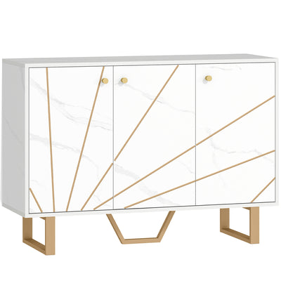 HOMCOM Sideboard Storage Cabinet, Modern Storage Cupboard with Adjustable Shelves and Metal Legs for Living Room, Kitchen, Dining Room, Entryway, White Marble Tone 