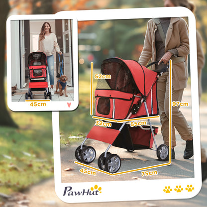 PawHut Pet Stroller for Small Miniature Dogs Cats Foldable Travel Carriage with Wheels Zipper Entry Cup Holder Storage Basket Red 