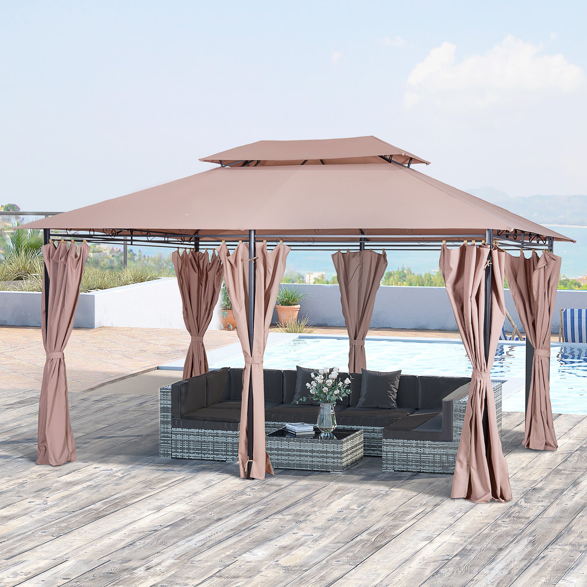 Outsunny 4m x 3(m)Garden Gazebo, Double Roof Outdoor Gazebo Canopy Shelter with Curtains, Solid Steel Frame for Patio, Garden, Brown 