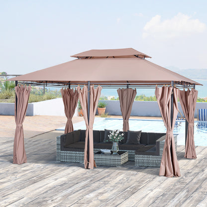 Outsunny 4m x 3(m)Garden Gazebo, Double Roof Outdoor Gazebo Canopy Shelter with Curtains, Solid Steel Frame for Patio, Garden, Brown 