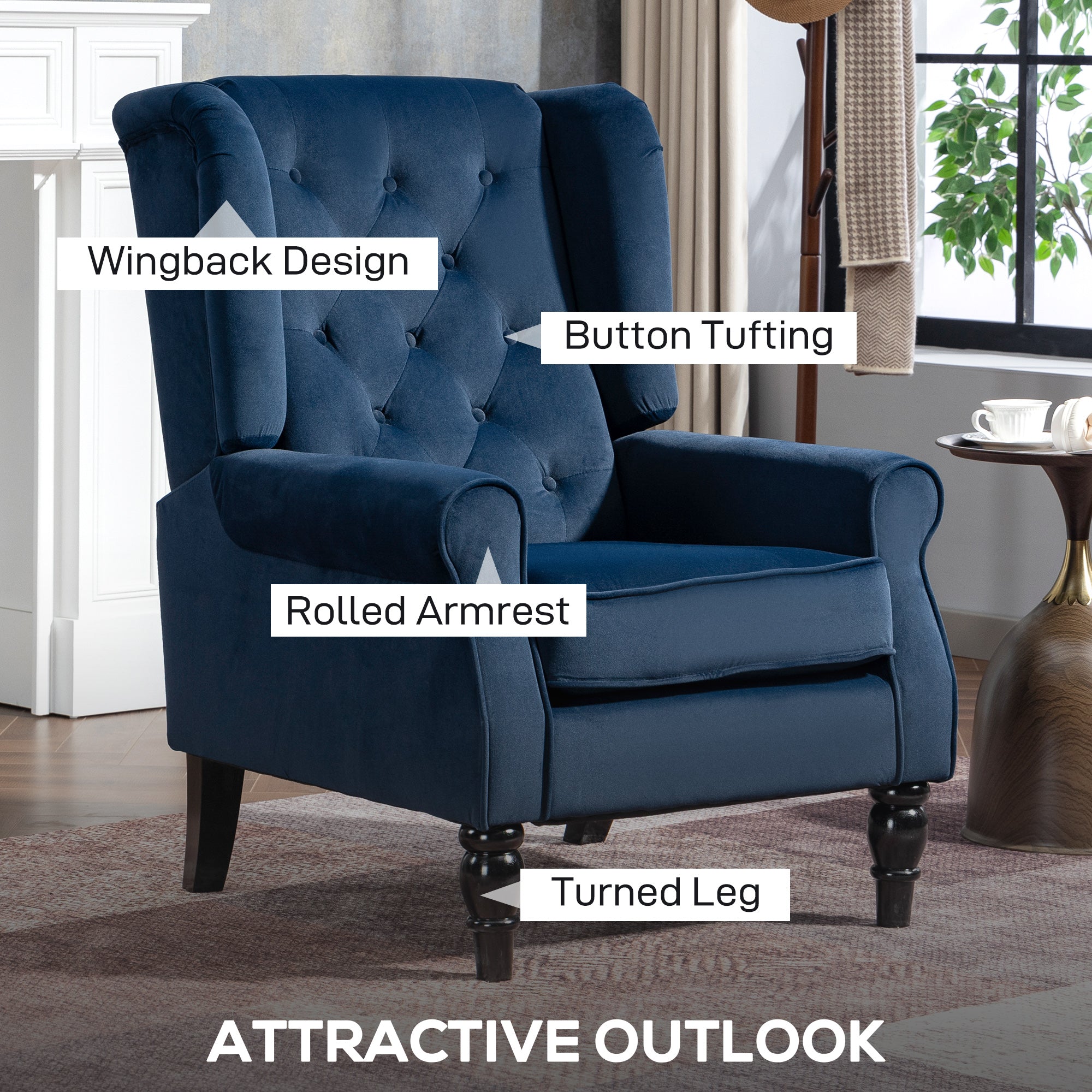 HOMCOM Wingback Accent Chair, Retro Upholstered Button Tufted Occasional Chair for Living Room and Bedroom, Dark Blue 