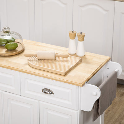 HOMCOM Kitchen Island with Storage Rolling Kitchen Serving Cart with Rubber Wood Top Towel Rack Storage Drawer Cabinet White 