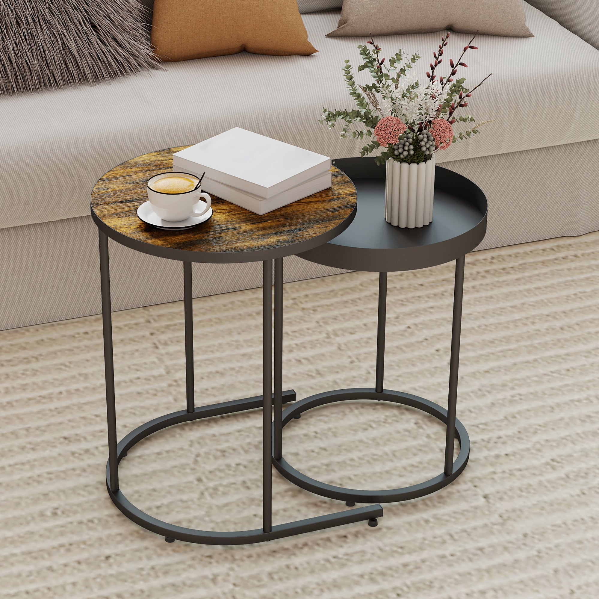 HOMCOM Set of Two Industrial Nesting Tables - Brown/Black 