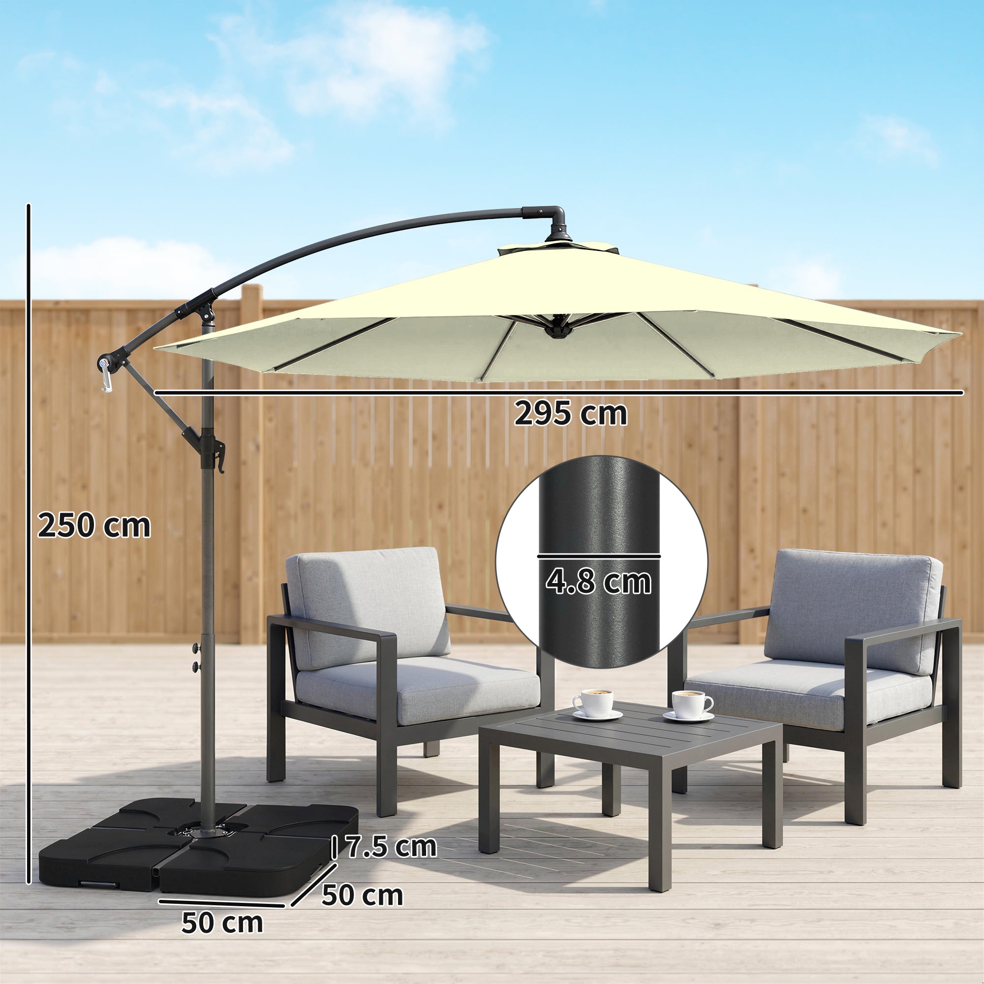 Outsunny 3m Overhanging Parasol, with Base, Weights and Cover - Beige 