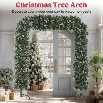 HOMCOM 8.2 ft Snow Frosted Christmas Tree Arch, Christmas Arch Doorway Decor with 2100 Tips and 96 Pinecones, Artificial Xmas Tree with Metal Stand for Indoor, Green 