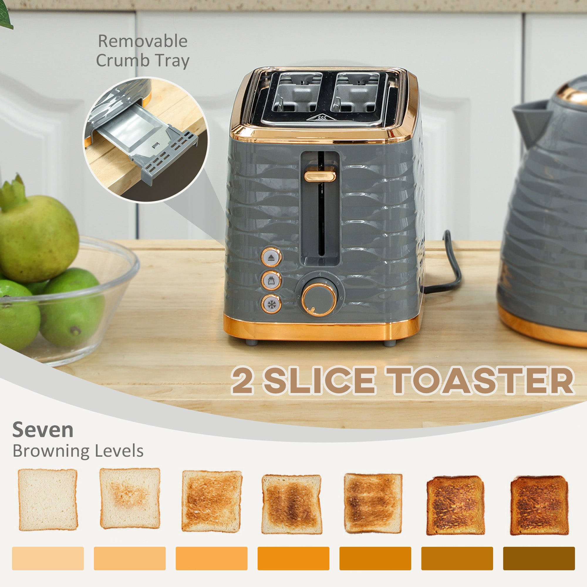 HOMCOM 3000W 1.7L Rapid Boil Kettle & 2 Slice Toaster, Kettle and Toaster Set with 7 Browning Controls and Crumb Tray, Grey
