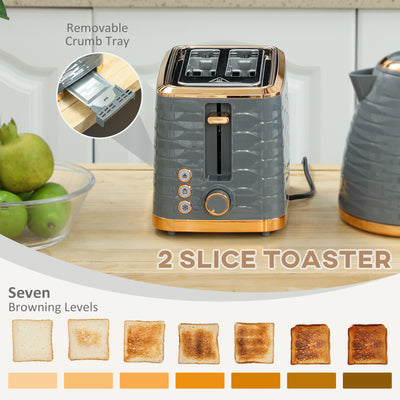 HOMCOM 3000W 1.7L Rapid Boil Kettle & 2 Slice Toaster, Kettle and Toaster Set with 7 Browning Controls and Crumb Tray, Grey 