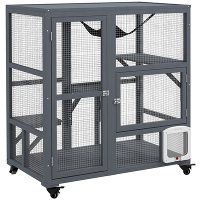 PawHut Cat House, Wooden Outdoor Catio Cat Enclosure on Wheels, Wooden Kitty Cage with Platforms, Hammock, Light Grey 