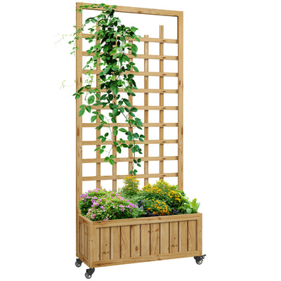 Outsunny Wooden Trellis Planter, Raised Garden Bed with Wheels and Bed Liner, to Climb and Grow Vegetables, Herbs and Flowers 