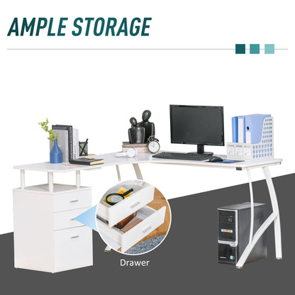 HOMCOM L-Shaped Computer Desk Table with Storage Drawer, Home Office Desk Corner Industrial Style Workstation for A4 Files 143.5 x 143.5 x 76cm, White 