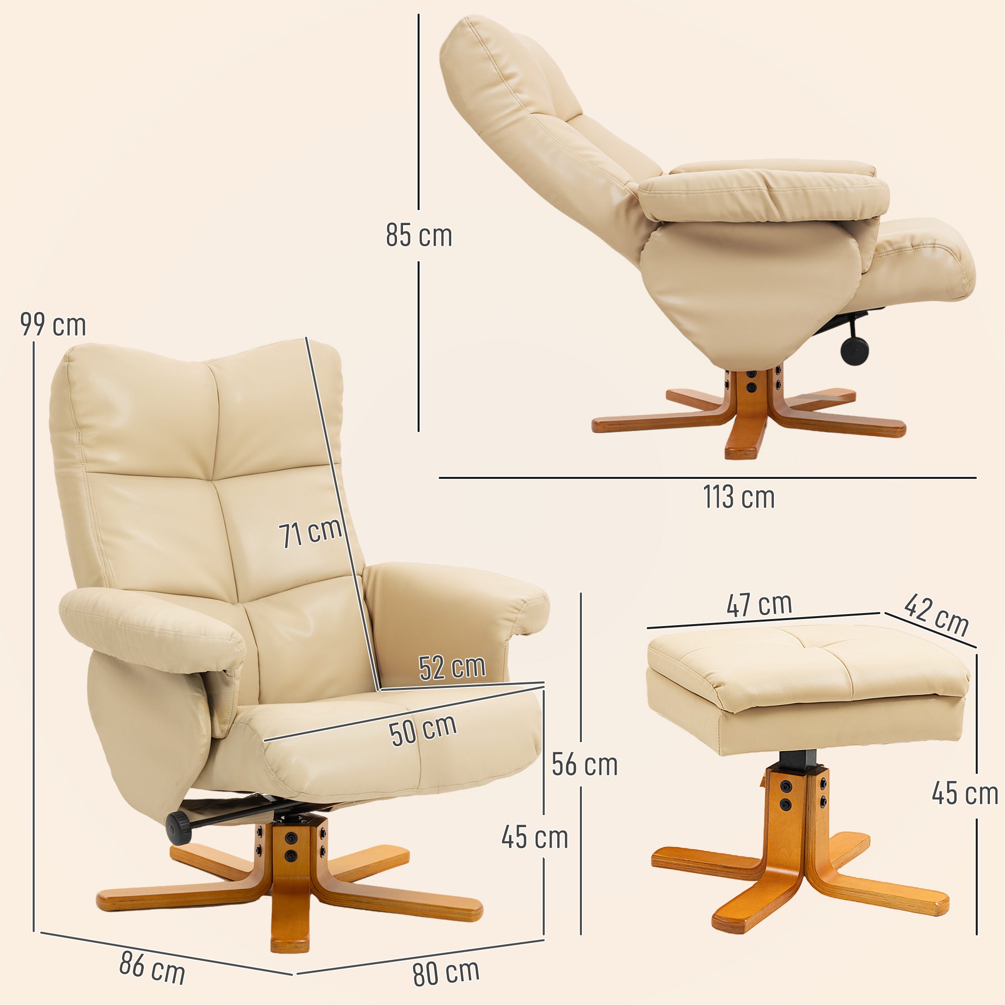 HOMCOM PU Leather Swivel Recliner Chair with Footstool, Wooden Base and Storage for Living Room, Beige 
