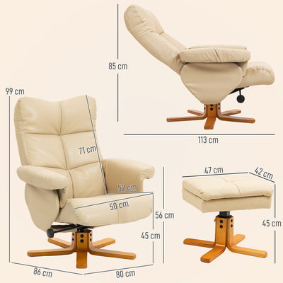 HOMCOM PU Leather Swivel Recliner Chair with Footstool, Wooden Base and Storage for Living Room, Beige 