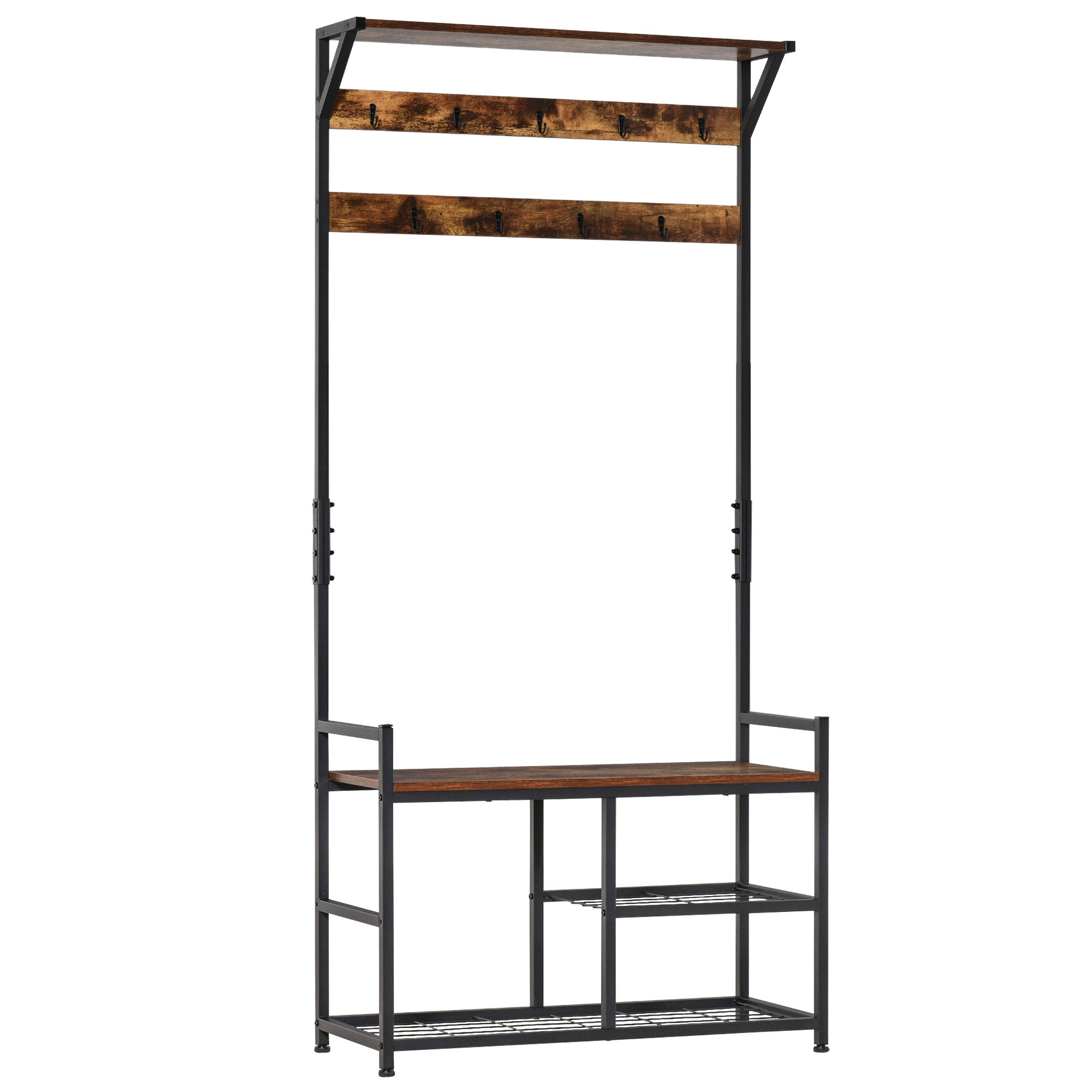 HOMCOM Coat Rack Stand Shoe Storage Bench with 9 Hooks Shelves for Bedroom Living Room Entryway Brown and Black 180cm 