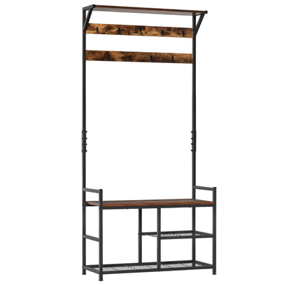 HOMCOM Coat Rack Stand Shoe Storage Bench with 9 Hooks Shelves for Bedroom Living Room Entryway Brown and Black 180cm 