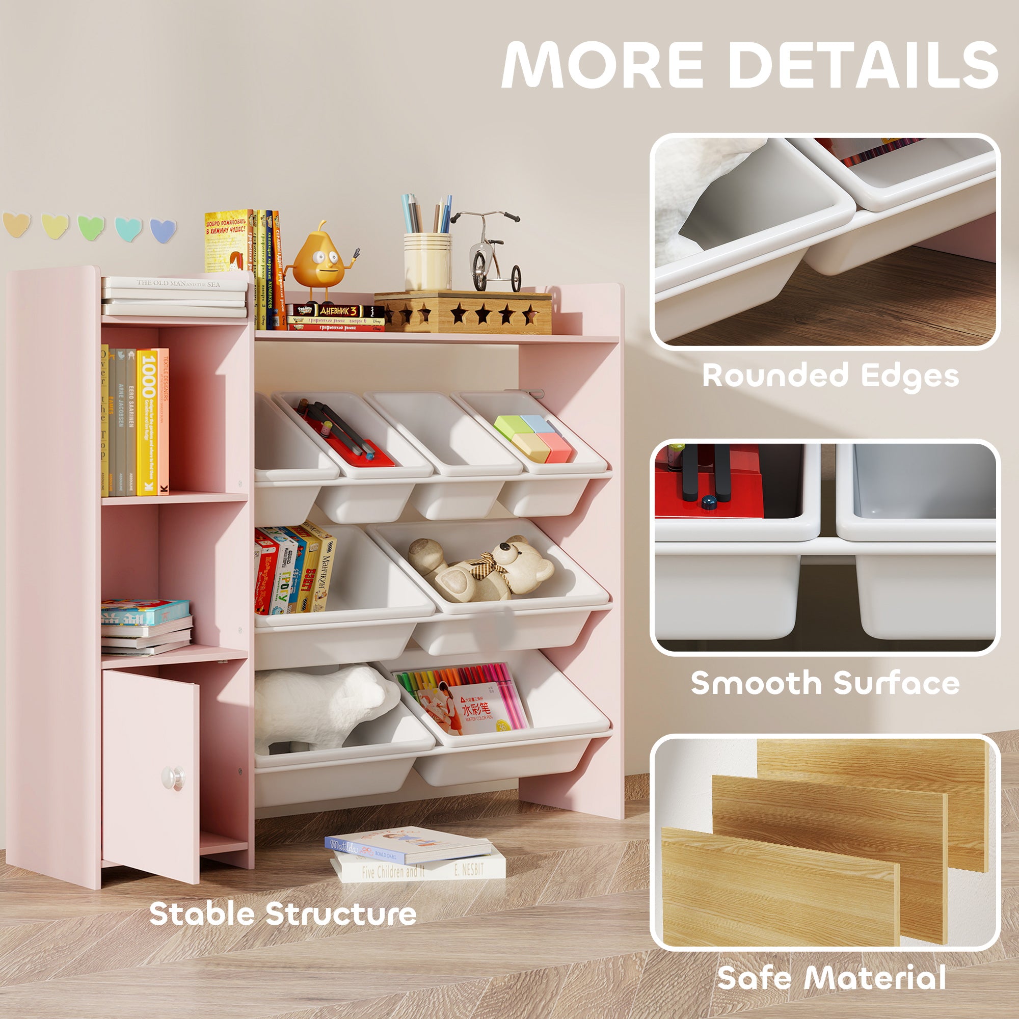 AIYAPLAY Toy Storage Unit with 8 Removable Bins, Storage Shelves, Cabinet, Pink 