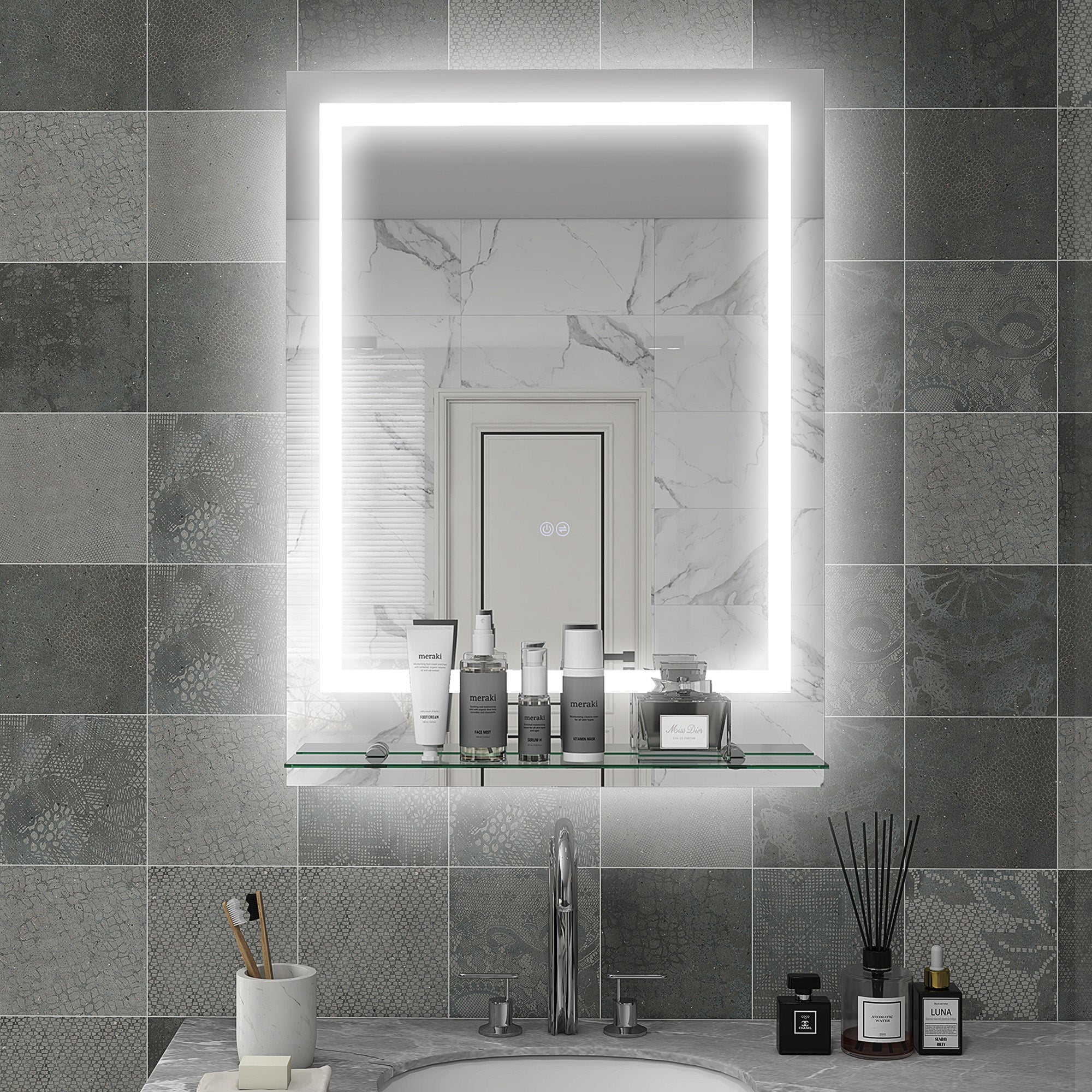 kleankin Large Vanity Mirror with Lights and Shelf, Illuminated bathroom Mirror with 3 Colour Brightness, Smart Touch, Anti-Fog 