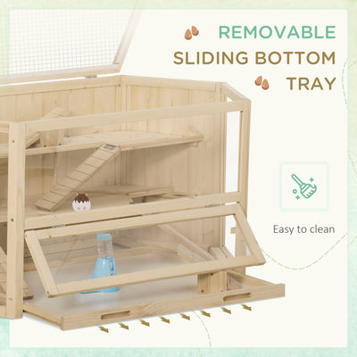 PawHut 3 Tier Wooden Large Hamster Cage with Sliding Tray, Seesaws, Water Bottle, Natural 