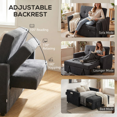 HOMCOM Loveseat Sofa Bed, Convertible Bed Settee with 2 Pillows, Side Pockets, Black 