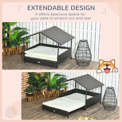 PawHut Extendable Elevated Dog Bed, Rattan Dog House, with Water-Resistant Roof, Removable Cushion, Cream 