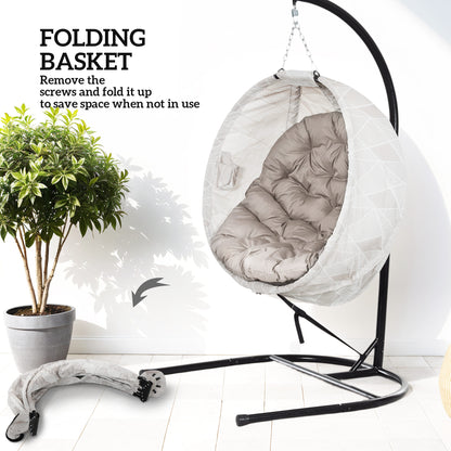 Outsunny Hanging Egg Chair Outdoor Indoor Garden Swing Chair with Folding Basket, Garden Hanging Chair with Stand, Thickened Cushion, Cup Holder for Patio, Balcony, Sand Brown