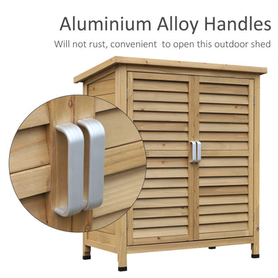 Outsunny Garden Shed Wooden Garden Storage Shed 2 Door Unit Solid Fir Wood Garage Tool Organisation Cabinet, 87L x 46.5W x 96.5Hcm, Natural 