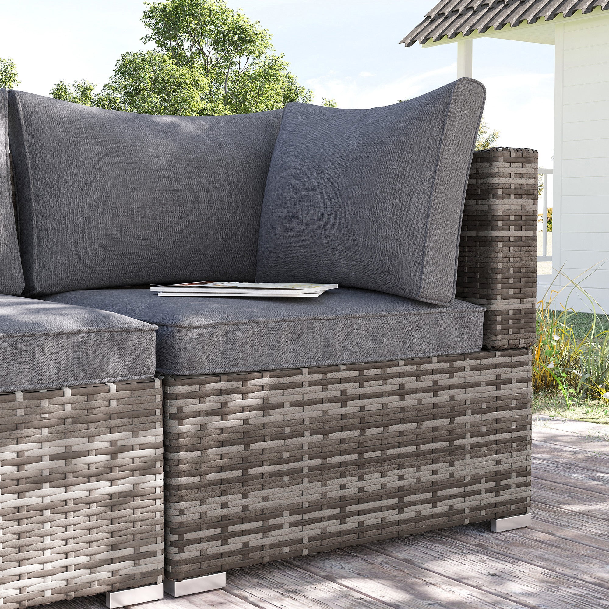 Outsunny Outdoor PE Rattan Corner Sofa, Garden Wicker Furniture Single Sofa Chair w/ Cushions, Deep Grey 