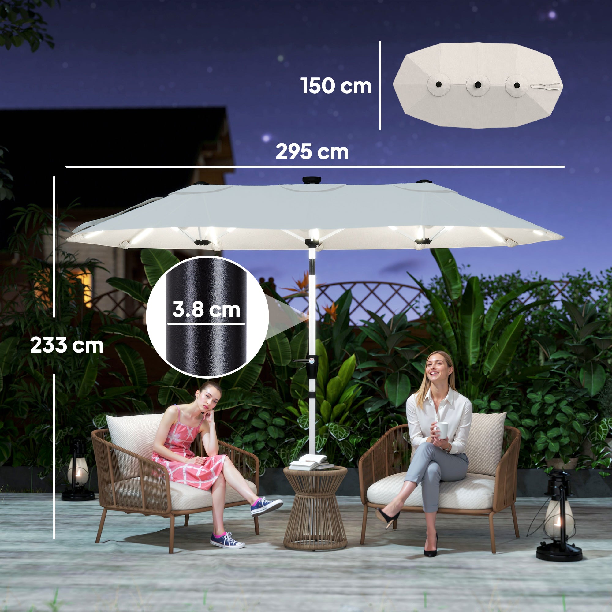 Outsunny 3 m Double-Sided Garden Parasol with LED Solar Lights, Outdoor Extra Large Sun Umbrella with Crank Handle, Cream White 